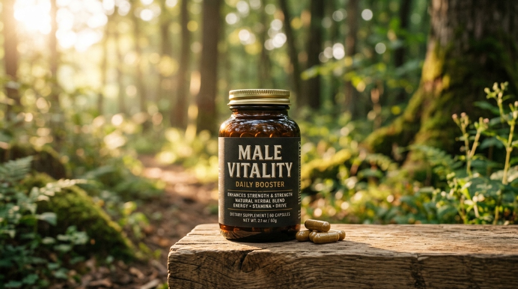 Male Vitality Daily Booster i naturlig nordisk skogsmiljö